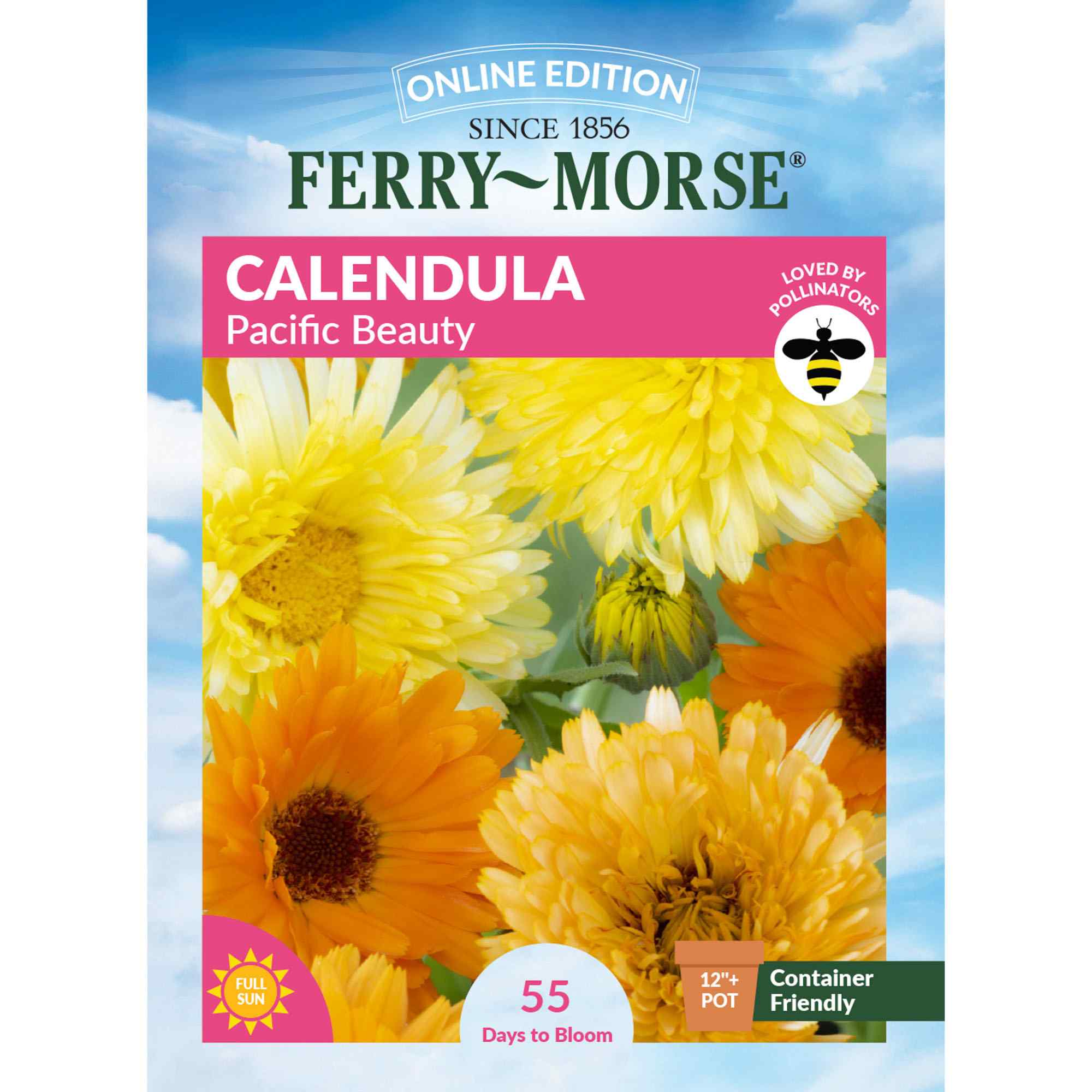 Ferry Morse Calendula Pacific Beauty seed packet with flowers on a blue sky background